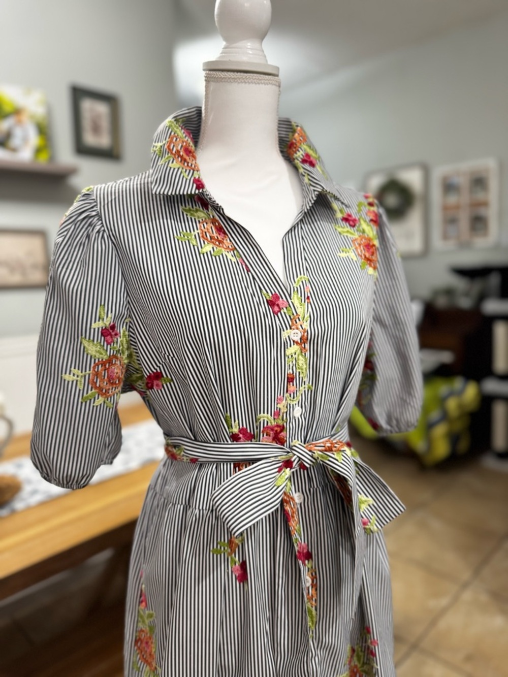 Striped Floral Belted Shirt Dress - Black & White with Pink Floral Embroidery